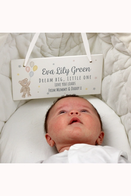 Personalised Teddy & Balloons White Wooden Sign