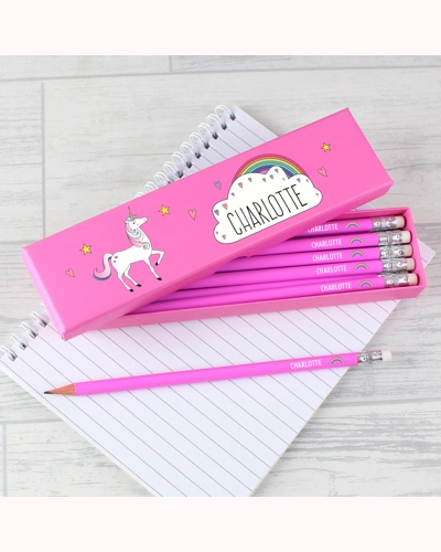 Personalised Unicorn Box of 12 Pink HB Pencils