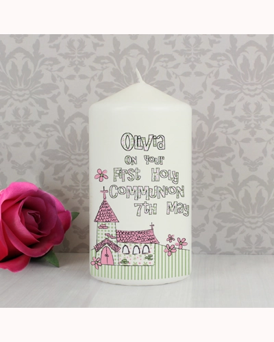 Personalised Whimsical Church Pink 1st Holy Communion Pillar Candle