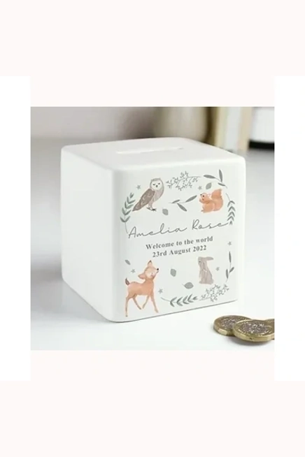 Personalised Woodland Animals Ceramic Square Money Box