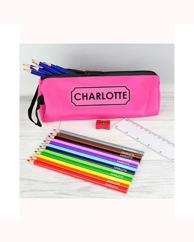 Pink Pencil Case with Personalised Pencils & Crayons