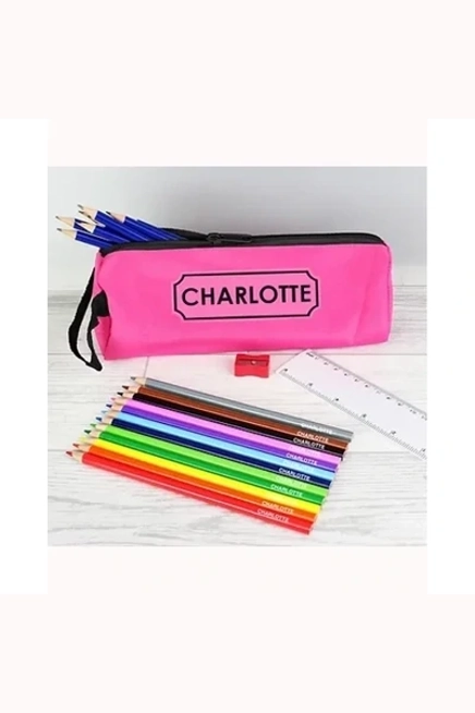 Pink Pencil Case with Personalised Pencils & Crayons