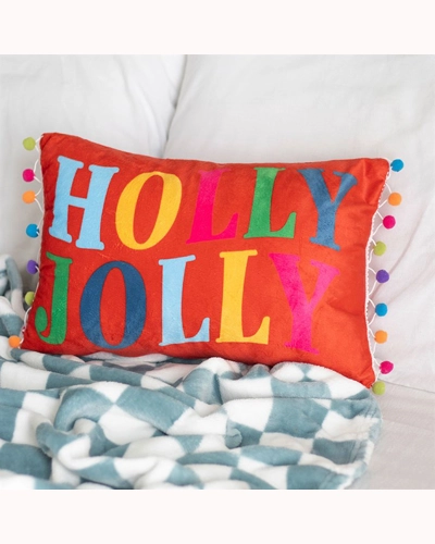 Red Holly Jolly Cushion with Pom Poms Red Holly Jolly Cushion with Pom Poms