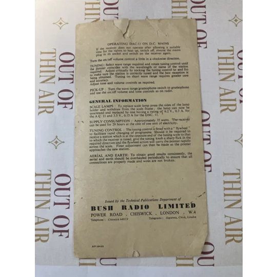 Original Operating Instructions for Bush AC11 / DAC11 Vintage Valve Radio