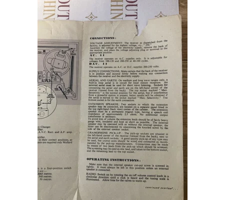 Original Operating Instructions for Bush AC11 / DAC11 Vintage Valve Radio