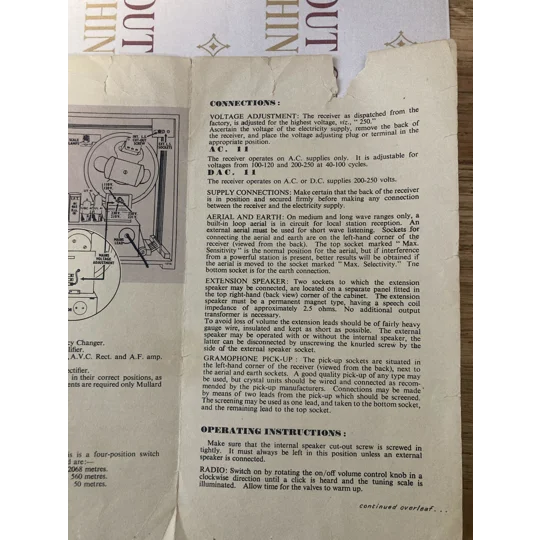 Original Operating Instructions for Bush AC11 / DAC11 Vintage Valve Radio