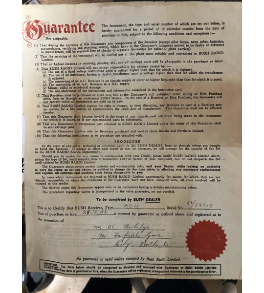 1952 Bush AC11 receipt and guarantee —