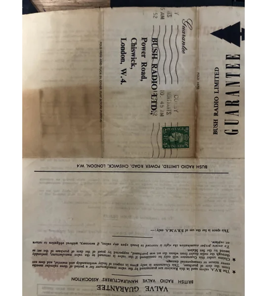 1952 Bush AC11 receipt and guarantee —