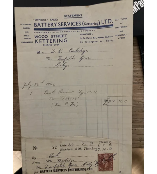1952 Bush AC11 receipt and guarantee —