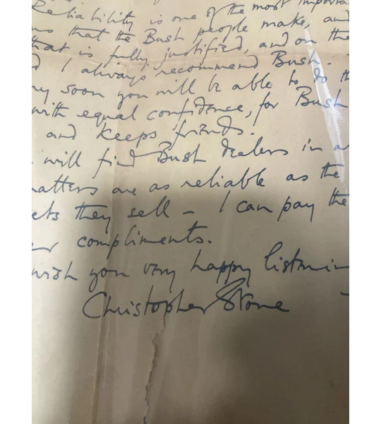 Handwritten Christopher Stone letter on Bush Radio paper, congratulating a listener on buying a Bush