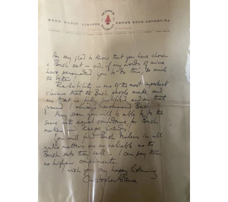 Handwritten Christopher Stone letter on Bush Radio paper, congratulating a listener on buying a Bush