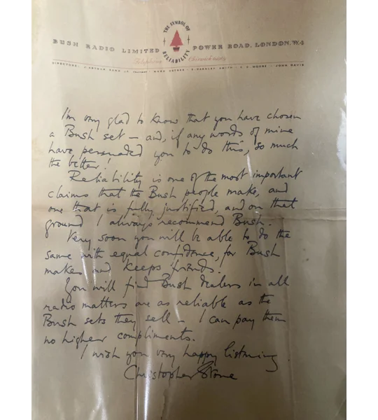 Handwritten Christopher Stone letter on Bush Radio paper, congratulating a listener on buying a Bush