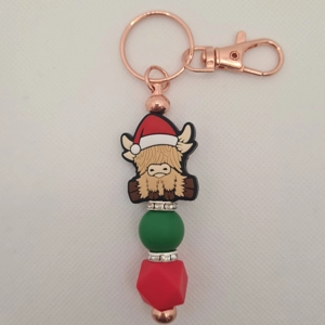 Christmas Highland Cow Silicone Bead Keychain