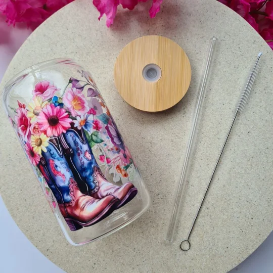Floral Boots Glass Cup