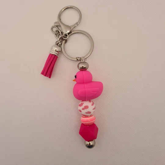 Hot Pink Rubber Duck Silicone Bead Keychain