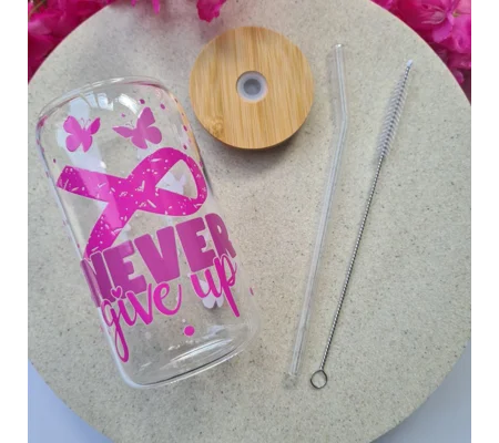 Never Give Up Pink Ribbon Glass Cup