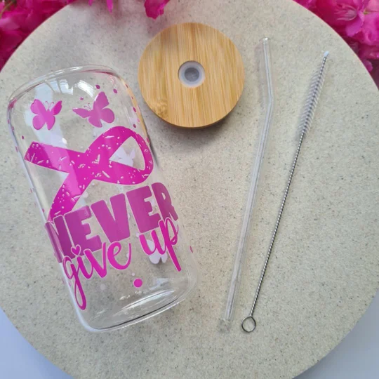 Never Give Up Pink Ribbon Glass Cup