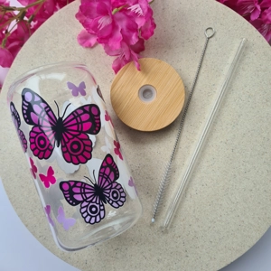 Pink and Purple Butterflies Glass Cup