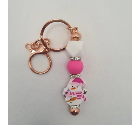 Pink Snowman Silicone Bead Keychain