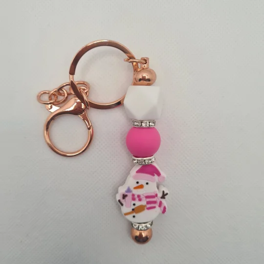 Pink Snowman Silicone Bead Keychain