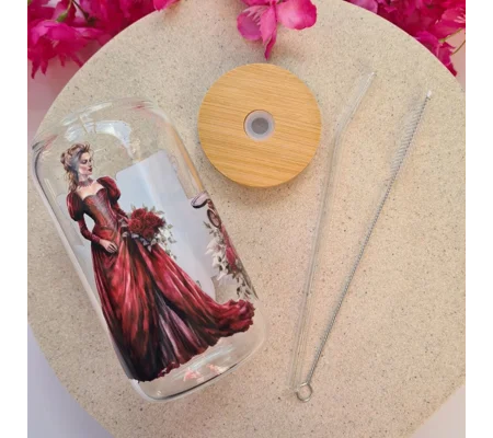 Red Lady and Vintage Car Glass Cup