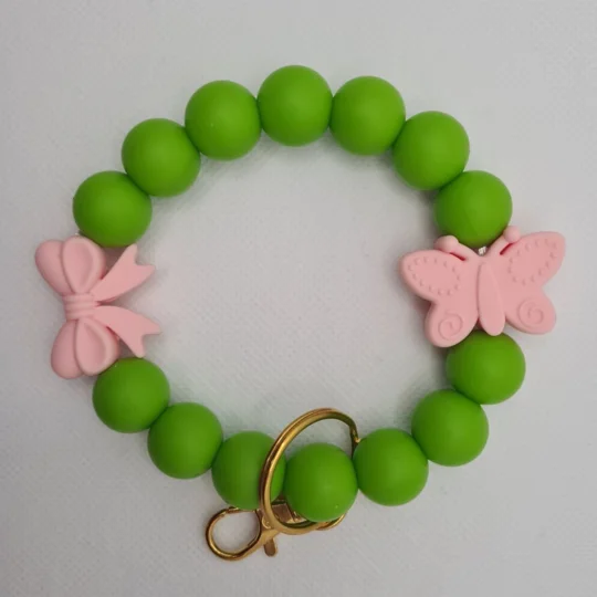Green and Pink Butterfly and Bow Silicone Bead Wristlet