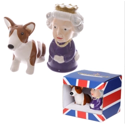 Novelty Ceramic Salt & Pepper Set - Queen & Corgi