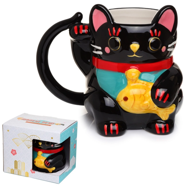 Additional Image for Ceramic White/Black Maneki Neko Lucky Cat Shaped Collectable Mug £16.99