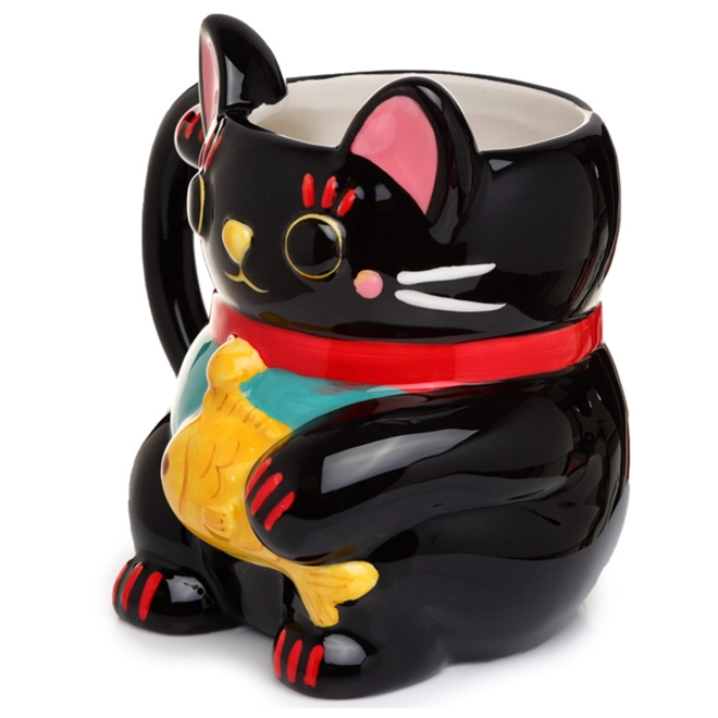 Additional Image for Ceramic White/Black Maneki Neko Lucky Cat Shaped Collectable Mug £16.99