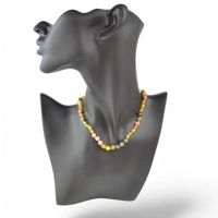 Amber necklace with colorful gems..